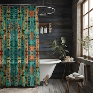 Green Shower Curtain, Scandi Shower Curtain, Mid Century Bath Curtains, Nordic Patterned Colourful Bathroom Drape Home, Vintage Bath Drape