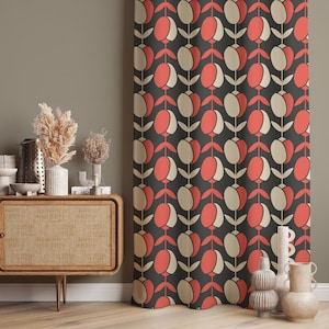 Pink Retro Curtain, Pink Tulip Patterned Decorative Living Room Curtains, Pink Printed Bedroom Curtain For Retro Decor,Boho Decorative Drape