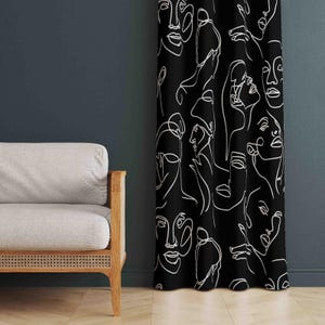 Abstract Black Curtains, Abstract Faces Designed Black Color Home Curtains, Modern Style Curtain, Face Patterned Drapery, Decorative Drapery