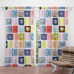 Decorative Maritime Curtains, Sea Life Nautical Themed Colorful Window Curtain, Sailor Design Windows Drapery, Ocean Figures Curtain Panels