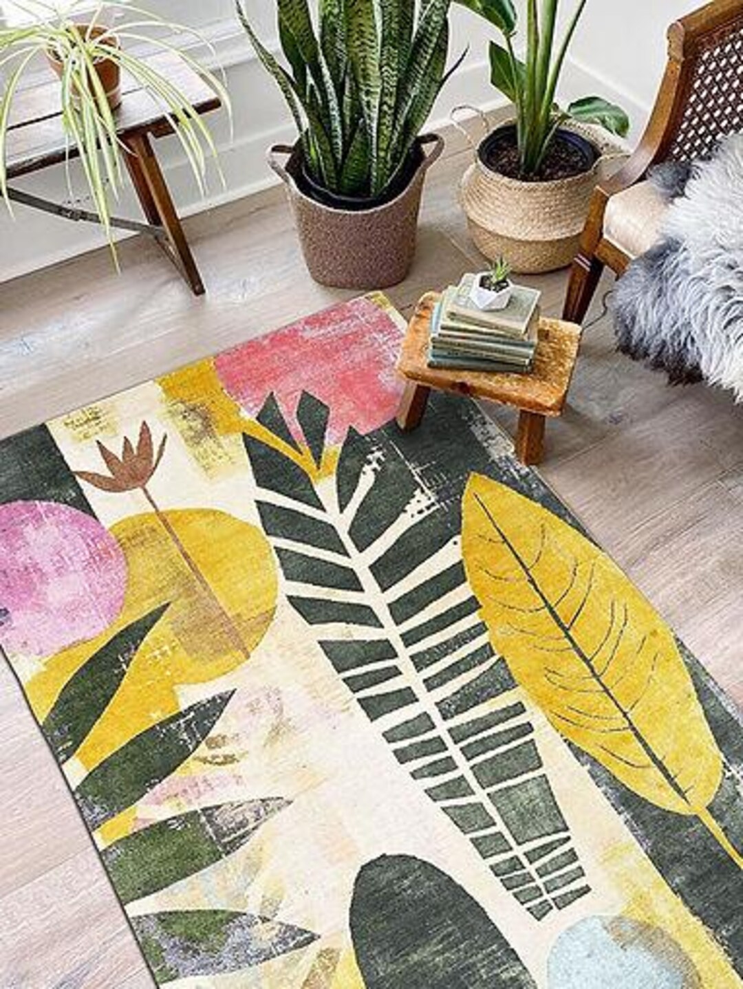 Tropical Boho Rug, Abstract Rugs for Living Room, Colorful Bathroom