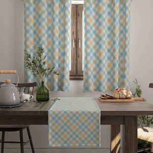 Checkered Drapes, Plaid Patterned Kitchen Curtains, Modern Geometric Window Treatment, Modern Diningroom Drapes, Blue Plaid Drape