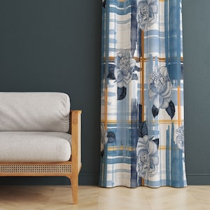 Blue Vintage Curtains, Blue Curtains, Elegant Floral Living Room Curtain, Vintage Curtain, Colourful Drapes For Vintage Decor