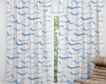 Abstract Sea Wave Design Window Curtains, Charming Curtain Panel with Abstract Ocean Waves Patterns, Ocean Maritime Print Window Drapery