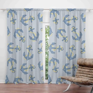 Anchor Curtains, Marine Curtains, Anchor Patterned Curtains For Summer House, Maritime Drapes For Coastal House