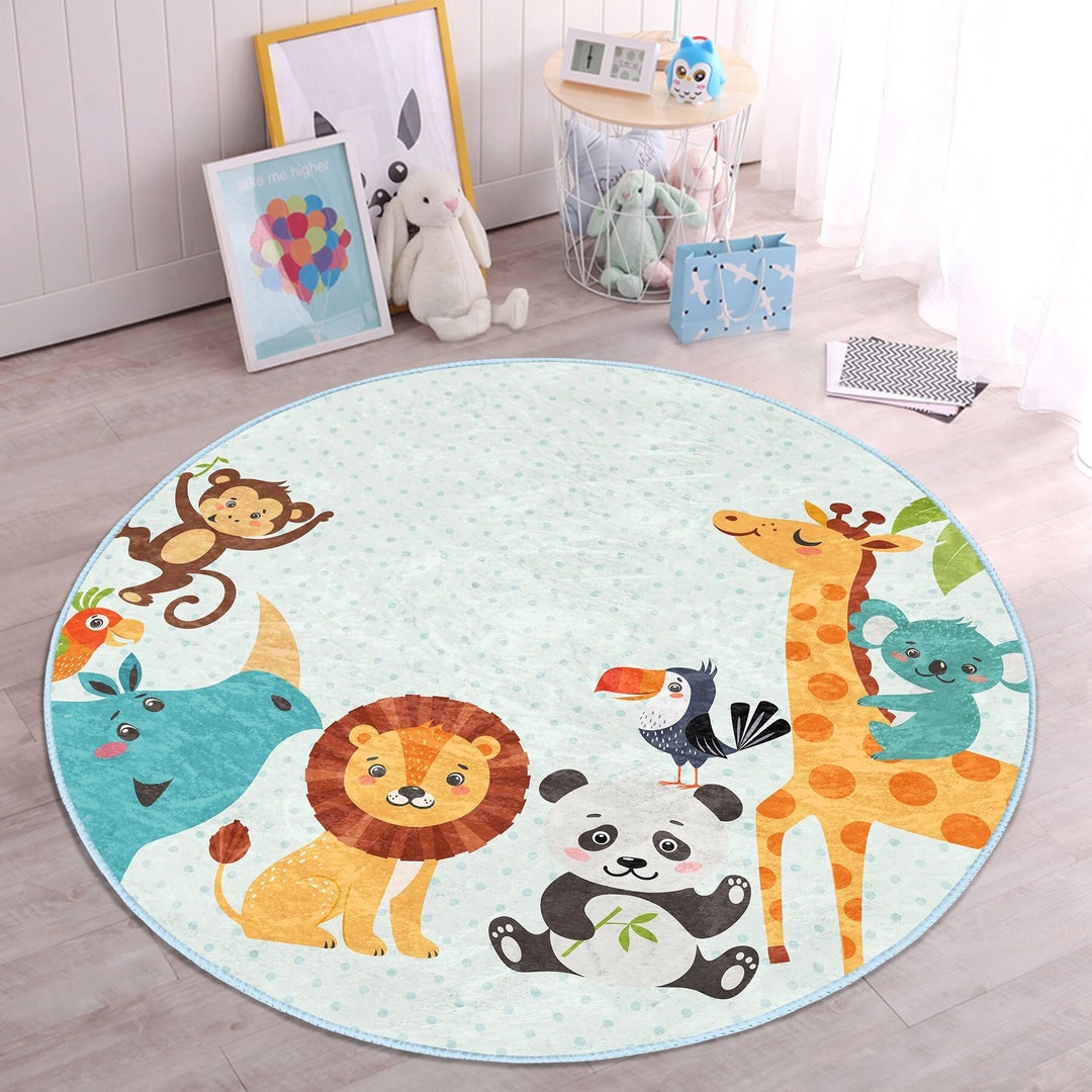Animal Decor Rug Nursery, Safari Decor Rug for Kids Room, Rug for Baby