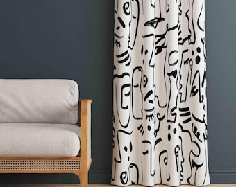Abstract Curtains, White Drape, Black Face White Curtain, Abstract Patterned Home Drape, Decorative Curtains Living Room, Decorative Curtain
