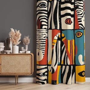 Picasso Style Abstract Face Patterned Home Curtains, Abstract Style Curtains, Abstract Patterned Home Curtains, Decorative Curtain