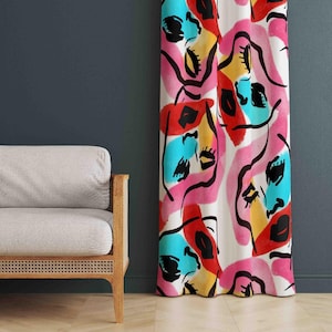 Maximailist Curtain, Abstract Face Pattern Home Curtains, Colorful Abstract Style Curtains, Abstract Curtains, Decorative Curtains