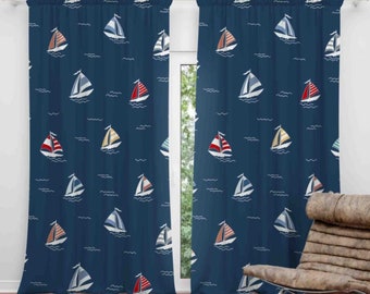 Maritime Curtains, Sailor Nautical Design Windows Drapery, Sailboats with Navy Blue Curtain Panel, Decorative Maritime Curtain, Marine Decor