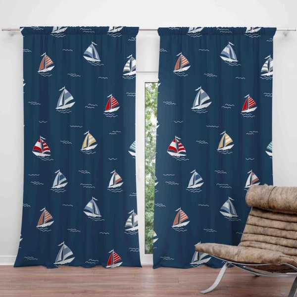 Sailboat Themed Window Curtain, Sailor Nautical Design Windows Drapery, Sailboats with Navy Blue Curtain Panels, Decorative Maritime Curtain