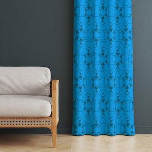 Nordic Style Curtains With Blue Tones, Scandi Patterned Curtains, Blue Nordic Style Living Room Curtain, Mid Century Modern Bedroom Drapes