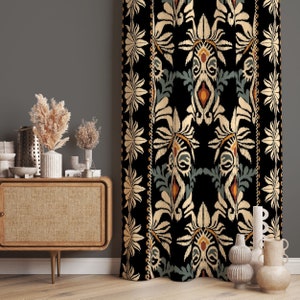 Aztec Style Curtains, Damask Pattern Black Curtain, Aztec Decor Drape, Vintage Drape, Ethnic Drapes, Ethnic Boho Curtains, Ikat Curtain