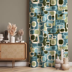 Teal Retro Decor, Teal Retro Curtains, Rustic Style Curtain For Living Room, Abstract Patterned Drapes For Dining Room, Teal Color Drapes