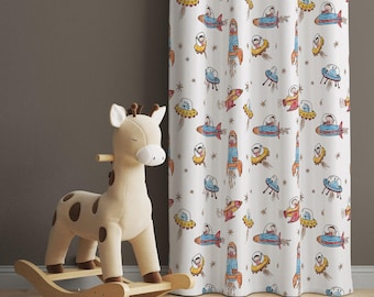 Nursery Curtains: Space Rocket and Alien Pattern - Kids Room Drapes