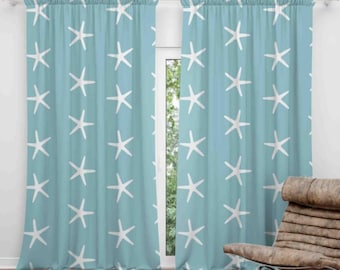 Starfish Patterned Curtains, Nautical Themed Curtains, Blue Starfish Drapery, Nautical Curtain Panel, Decorative Maritime Curtain
