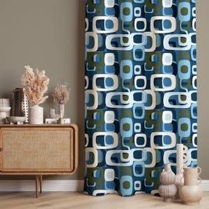 Blue Retro Curtains, Blue Curtains, Blue Retro Curtain For Dining Room Curtain, Teal Nordic Print Drapes, Teal Decorative Drapes Living Room