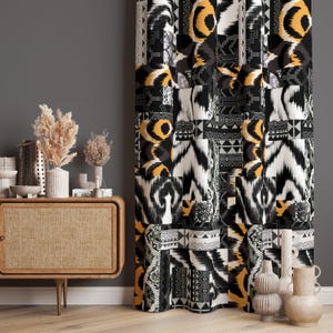 Black Ikat Curtains, Black Ethnic Decor Living Room Curtains, Aztec Decor Curtain, Ethnic Drapes, Ethnic Geometric Window Curtain
