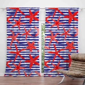 Starfish Curtains, Drapery For Nautical Decor, Red Starfish Drapery, Charming Curtain Panel For Maritime Decor, Coastal Seashell Drapes