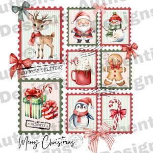 Może przedstawiać: Kolaż znaczków pocztowych o tematyce bożonarodzeniowej. Znaczki przedstawiają renifera, Świętego Mikołaja, bałwana, piernikowego ludzika, pingwina, zapakowane prezenty, laskę cukrową i kubek gorącej czekolady. U dołu napis "Merry Christmas".