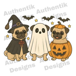 Może przedstawiać: Ilustracja trzech mopsów przebranych na Halloween. Jeden mops ma na sobie kapelusz czarownicy i pelerynę, drugi jest w kostiumie ducha, a trzeci w dyni. Nietoperze i gwiazdy są również uwzględnione.