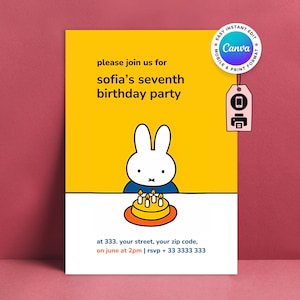 Nijntje verjaardagsuitnodiging voor verjaardagsfeestje Instant Download kinder digitaal elektronisch nijntje thema afdrukken verjaardagsuitnodiging bewerkbare sjabloon
