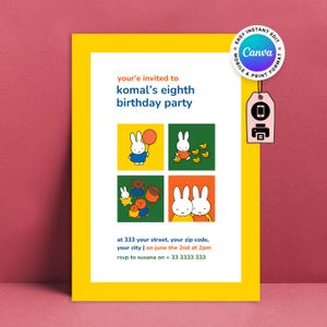 Miffy and friends birthday party invitation template for kids and adults birthday party, Yellow and Green Miffy Birthday Invitation