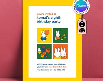 Miffy Birthday Party Invitation Template, Yellow and Green (Digital Download)