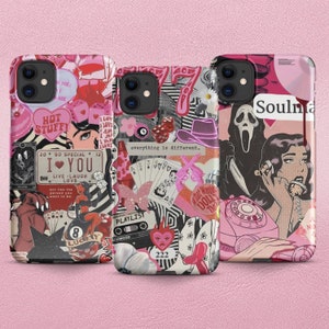 Y2K Style Pink and Black Phone Cases For Apple Samsung Phones High Quality iPhone 16 Samsung S25 Edgy Comic Artsy Collage Phone Cover