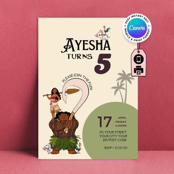 Moana Birthday Invitation Template, Custom Party Invite (Digital Download)