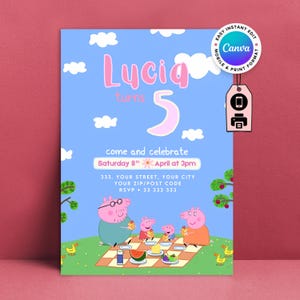 Invitación para fiesta infantil de cerdos para cumpleaños, descarga digital fácil, invitación rosa, azul y verde, plantilla personalizada para móvil e impresión.