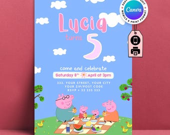 Peppa Pig Birthday Invitation, Pink & Green Party E-Invite (Digital Download)