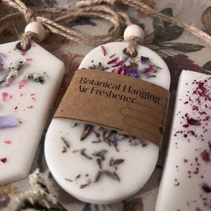 May include: Close-up of three white botanical hanging air fresheners with dried flowers and twine. The center freshener has a brown label that reads "Botanical Hanging Air Freshener". The fresheners are in a floral-patterned box.