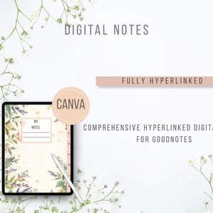 Op de afbeelding: Een digitale tablet met digitale notities met bloemaccenten. De tekst "DIGITAL NOTES", "FULLY HYPERLINKED" en "CANVA" is zichtbaar. Een stylus ligt op de tablet. De notities zijn voor Goodnotes.