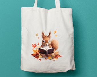 Jutebeutel, Eichhörnchen, Herbst, Jutetasche Baumwolle, Jutebag, Totebag, Geschenk für Buchliebhaber, Cotton Tote