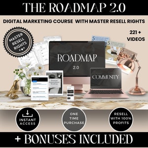 Puede incluir: Imagen promocional del curso de marketing digital "THE ROADMAP 2.0" con "MASTER RESELL RIGHTS". La imagen muestra una computadora de escritorio, una computadora portátil, una tableta y un teléfono inteligente. El texto incluye "221 + VIDEOS", "ACCESO INSTANTÁNEO", "COMPRA ÚNICA" y "REVENTA CON 100% DE BENEFICIOS".
