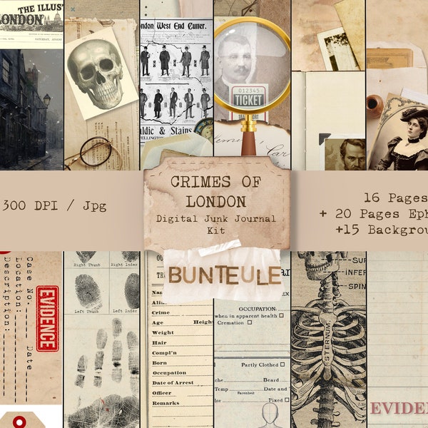Crimes of London - Junk Journal Kit, Papier numérique, Éphémères, Imprimable, Scrapbooking, Collage