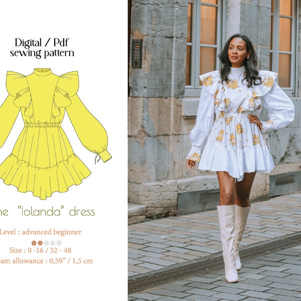 PDF sewing pattern -  Ruffle dress "Iolanda" - A4/ A0 digital sewing pattern - size 0 to 16 -  available in french + tutorial video