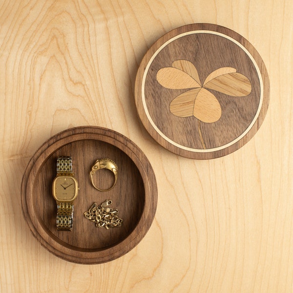 Unique Marquetry Box, Handcrafted of Solid Walnut with Shamrock inlays, optional Personalized Engraving
