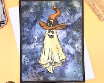 Handmade Halloween Ghost Card, Witch Hat, Spooky Season