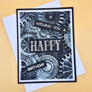 Handmade Birthday Card, Steampunk Gears Design “Wishing You a Happy Birthday” Industrial Style, A2, UK, Masculine Birthday Greeting