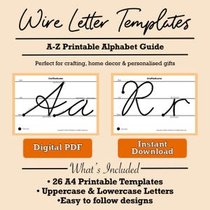 Può includere: Un PDF digitale e download immediato di modelli di lettere a filo. L'immagine presenta il testo "Wire Letter Templates" e "A-Z Printable Alphabet Guide". Include 26 modelli A4 stampabili con lettere maiuscole e minuscole.
