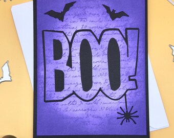 Handmade Halloween Card with “BOO!”, Purple Spooky Greeting