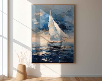 May include: A painting of a white sailboat with a blue and white sail, sailing on a blue sea with a cloudy sky in the background.