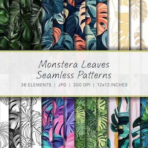 May include: A selection of seamless patterns showcasing Monstera leaves in diverse styles. The patterns feature vivid green, teal, and orange leaves, alongside black and white and gold designs. The text reads "Monstera Leaves Seamless Patterns".