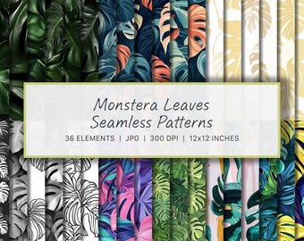 Monstera Leaves Seamless Patterns | 36 Tropical Jungle Digital Papers for Crafting and Design | DP24022
