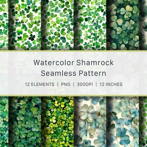 May include: Twelve watercolor seamless patterns featuring shamrocks in various shades of green and blue. The patterns are perfect for adding a touch of Irish charm to your designs.
