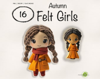 Autumn Felt Girly Dolls Clipart | 16 Cozy Fall-Themed PNG Characters for Crafting and Design | CL24012