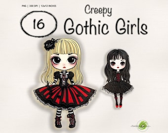 Creepy Gothic Girls Clipart | 16 Gothic PNG Illustrations for Crafting and Design | CL24016
