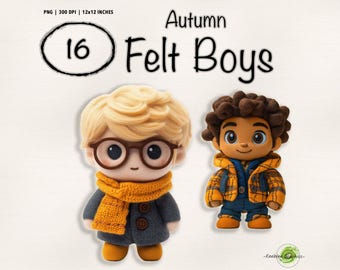 Autumn Felt Boys Clipart | 16 Cozy Fall-Themed PNG Characters for Crafting and Design | CL24013